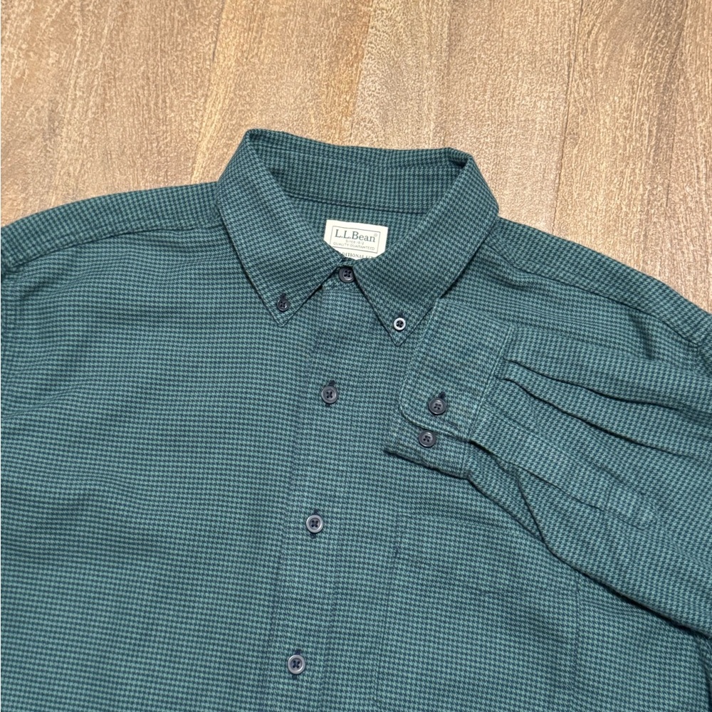 LL Bean Men’s Wicked Good Flannel Shirt Traditional Fit Houndstooth Green Size L